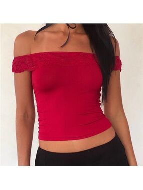 Motel Rocks Off-Shoulder Lace Trim Red Crop Top